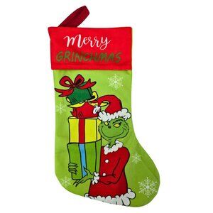 Merry Grinchmas Christmas Stocking 13" x 6" Grinch & Presents Green Decor NEW